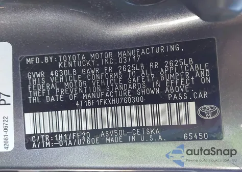 2017 Toyota Camry Se z USA, uszkodzony, nr VIN 4T1BF1FKXHU760300